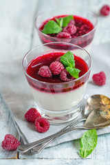 Vanilla Panna cotta with raspberry sauce and mint.