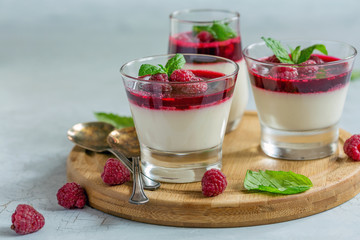 Vanilla Panna cotta with raspberry and mint.