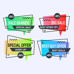 Sale banner collection, discount tag, special offer. Website stickers on a geometry memphis colorful abstract background, web design. Vector illustration.
