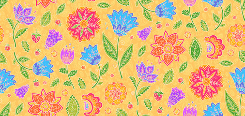 Bright colors vintage textile floral ornament vector seamless pattern tile