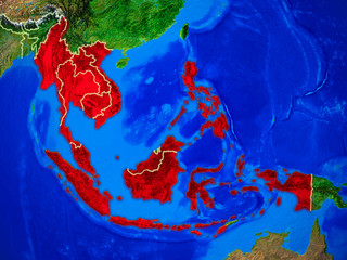 ASEAN memeber states from space on model of planet Earth with country borders and very detailed planet surface.
