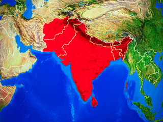 SAARC memeber states from space on model of planet Earth with country borders and very detailed planet surface.