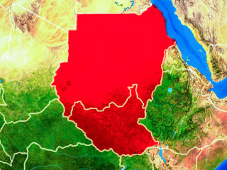 Former Sudan from space on model of planet Earth with country borders and very detailed planet surface.