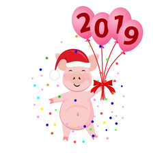 Chinese New Year 2019 Pig with balloons Cartoon Greeting Card - Vector Illustration