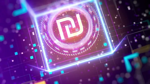 Israeli new Shekel currency logo reveal. Financial sign on digital background.