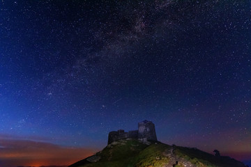 The fiery galaxy Milky way in the night sky with millions of stars over the White Elephant Observatory, which is in the Ukrainian Carpathian Mountains