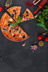 pizza, mushrooms, olives, tomato sauce, cheese. food background