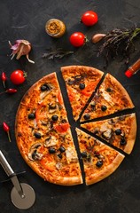 pizza, mushrooms, olives, tomato sauce, cheese. food background