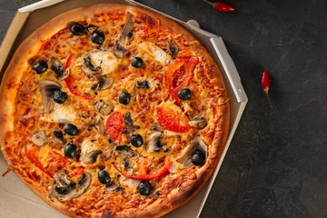 pizza, mushrooms, olives, tomato sauce, cheese. food background