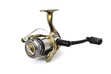 gold color fishing reel on a white background