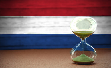 Hourglass on the background of the Netherlands flag, the concept of time and countries, space for text
