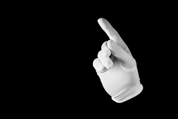 Hand in a white glove isolated on a black background. Gesture eye-catching. Gesticulation.