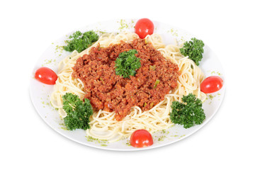 Fresh and delicious spagetti bolognese italian pasta on isolated white background