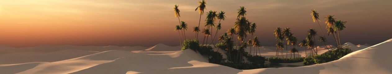 Oasis in the sandy desert at sunset, palm trees above the water in the sand desert,
