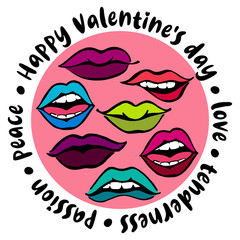 Round illustration to Valentine's day_drawn bright lips