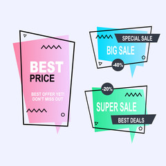 Sale banner collection, discount tag, special offer. Website stickers on a geometry memphis colorful abstract background, web design. Vector illustration.