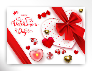 Fototapeta na wymiar Happy Valentine's Day holiday web banner. Vector illustration with candy, 3D hearts, candle, red serpentine and confetti hand lettering on white backround