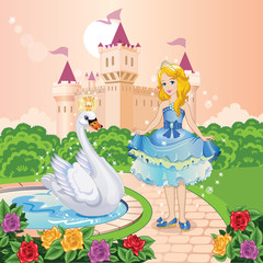 Beautiful princess and swan in the garden. Wonderland. Children's illustration. © penochka1