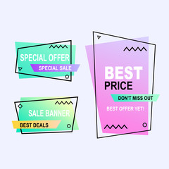 Sale banner collection, discount tag, special offer. Website stickers on a geometry memphis colorful abstract background, web design. Vector illustration.