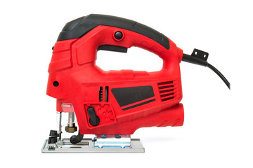 Fototapeta premium A jigsaw power tool isolated on white background. Electric jig saw. Professional electric jig saw isolated on white background