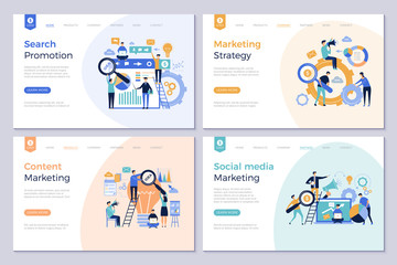 Business landing pages. Marketing website design layout template people promotion modern vector pictures. Social media marketing, content optimization illustration