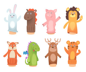 Cartoon puppets. Dolls from socks on hands and fingers puppet toys for kids vector funny characters. Illustration of lion and dinosaur, fox and tiger puppet toys