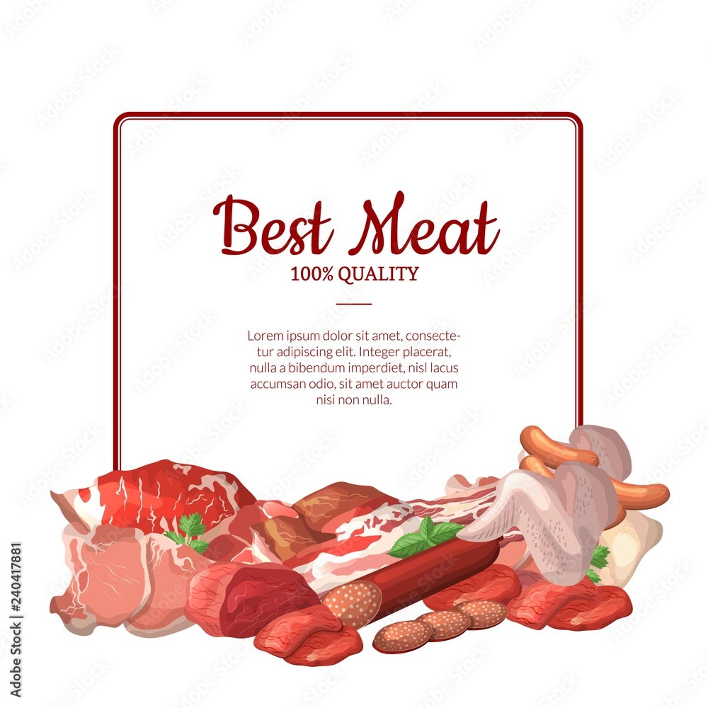 Sticker vector frame with place for text with pile of cartoon meat elements below illustration. meat food, r