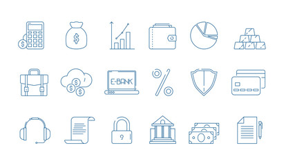 Business finance icons. Banking law global economy financial bank vector line symbols isolated. Finance and money thin line design, investment and saving funding illustration