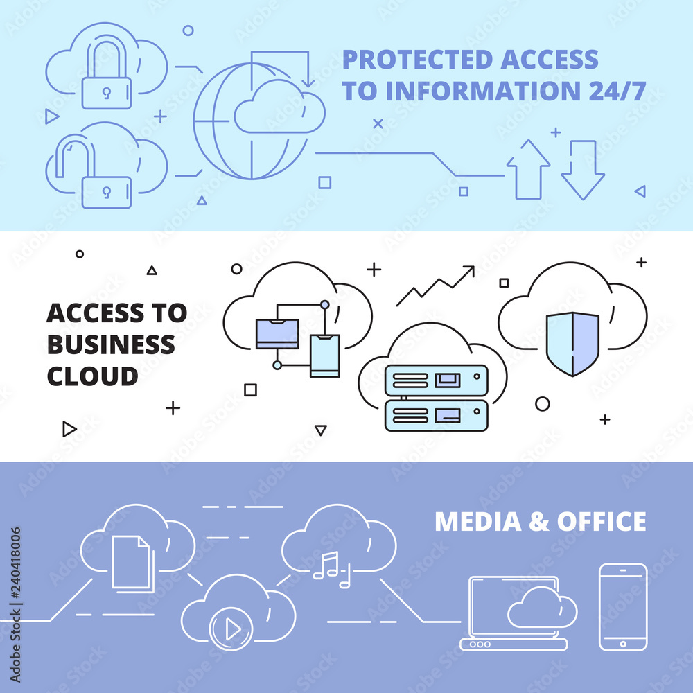 Poster cloud technology banners. online software computer internet services safety ftp connection work lapt