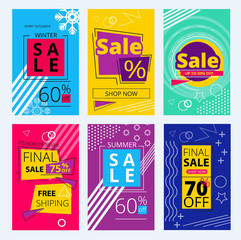 Trendy offers cards. Colorful sale banners geometry shapes retro fashion style vector template. Sale discount offer poster illustration