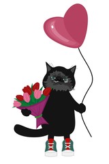 cute persian cat with balloon heart and flowers 