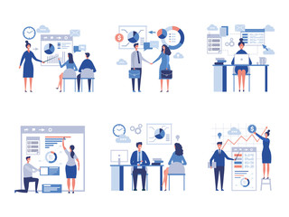 Business scene collection. Oversize abstract office characters managers directors crowd team worked vector businessmen pictures. Office employee, worker teamwork, presentation charts illustration