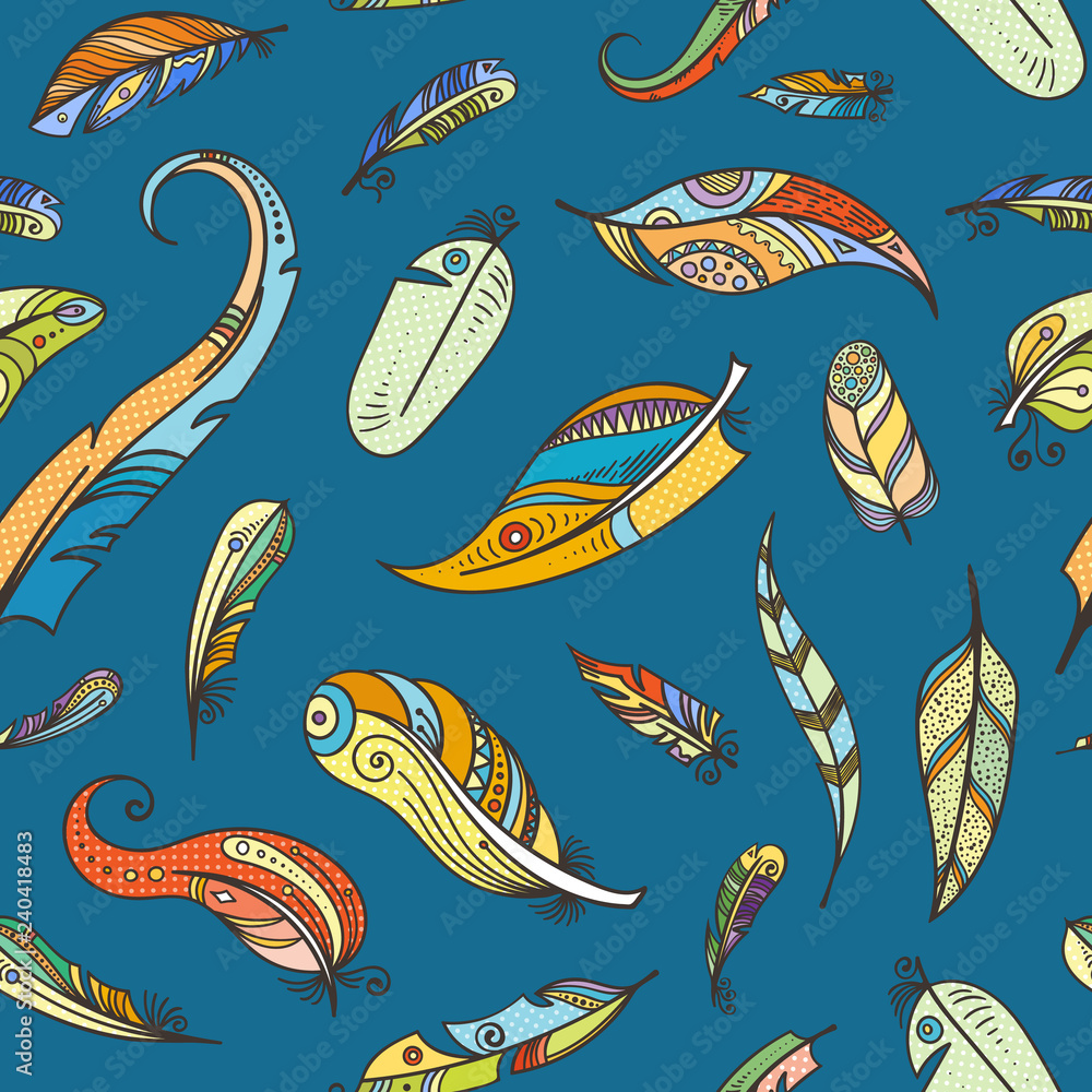 Poster vector boho doodle feathers pattern or background illustration. bohemian pattern with colored feathe