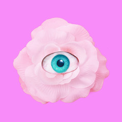 Contemporary art collage.  Romantic flowers roses eye. Romantic mood