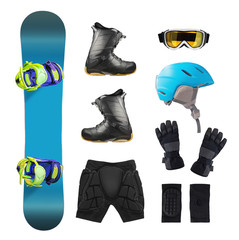 Top view of snowboard equipment and accessories isolated on white background