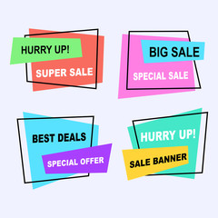 Sale banner collection, discount tag, special offer. Website stickers on a geometry memphis colorful abstract background, web design. Vector illustration.