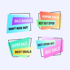 Sale banner collection, discount tag, special offer. Website stickers on a geometry memphis colorful abstract background, web design. Vector illustration.