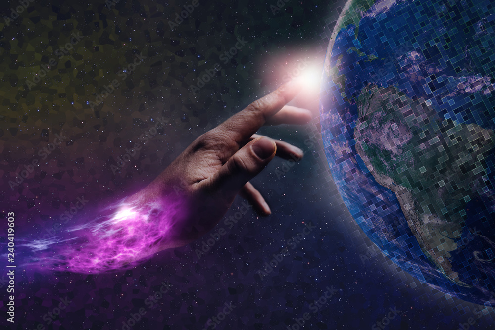 Poster forefinger touches a earth pixel in infinite space. mixed media. concept matrix universe.