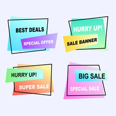 Sale banner collection, discount tag, special offer. Website stickers on a geometry memphis colorful abstract background, web design. Vector illustration.
