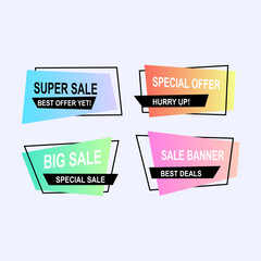 Sale banner collection, discount tag, special offer. Website stickers on a geometry memphis colorful abstract background, web design. Vector illustration.