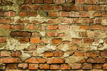 Vintage brick wall. Empty background of brickwork. Sturdy brickwork textured rough surface.