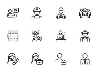 Labor icons. Set of line icons on white background. Technician, consultant, call center. Job concept. Vector illustration can be used for topic like business, professional occupation, employment
