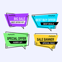 Sale banner collection, discount tag, special offer. Website stickers on a geometry memphis colorful abstract background, web design. Vector illustration.