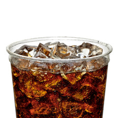 Cola in plastic glass with ice cubes from top view isolated on white background