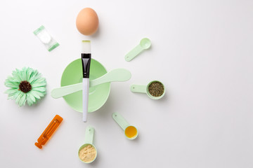 Ingredients for homemade face mask or hair. Castor oil, essential oils, mustard, dry nettle leaves.