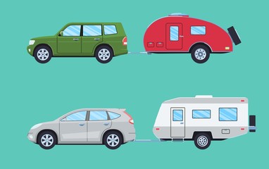 Suv with camper trailer. Offroad car with camper. Vehicle for road travelling. Flat style. Vector illustration.