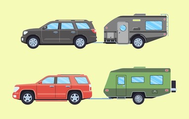 Naklejka premium Suv with camper trailer. Offroad car with camper. Vehicle for road travelling. Flat style. Vector illustration.