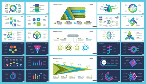 Informational chart design set for business presentation concept. Can be used for workflow layout, annual report, web design. Process chart, option chart, flowchart, comparison graph, bar graph
