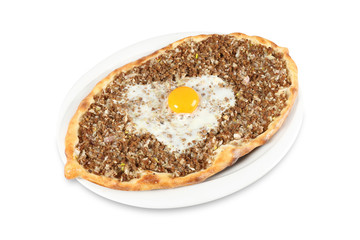 Turkish traditional Karadeniz pide with mince (ground beef). Kiymali pide. Isolated on white background