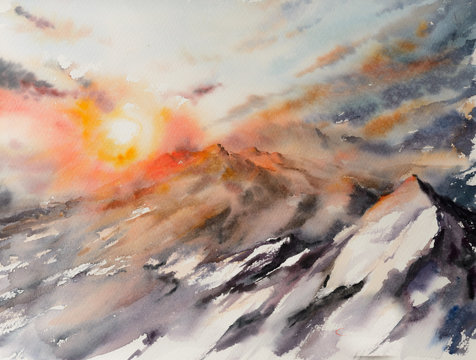Majestic sunset in the mountains landscape.Picture created with watercolors.